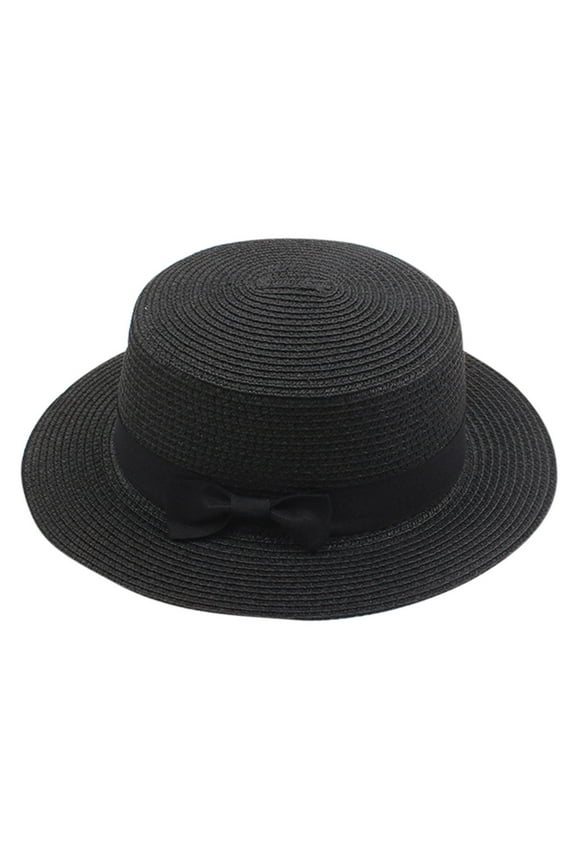 Womens Straw Boater Hat Fedora Panama Style Flat Top Ribbon Bow Flat Floppy Sun Hats Fashionable Summer Wide Brim Cap Beach Straw Hat Travel Packable Black