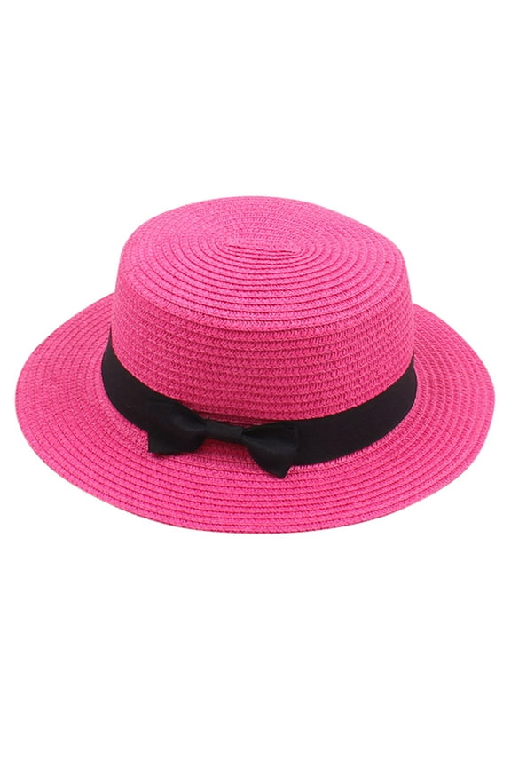 Womens Straw Boater Hat Fedora Panama Style Flat Top Ribbon Bow Flat Floppy Sun Hats Fashionable Summer Wide Brim Cap Beach Straw Hat Travel Packable Hot Pink