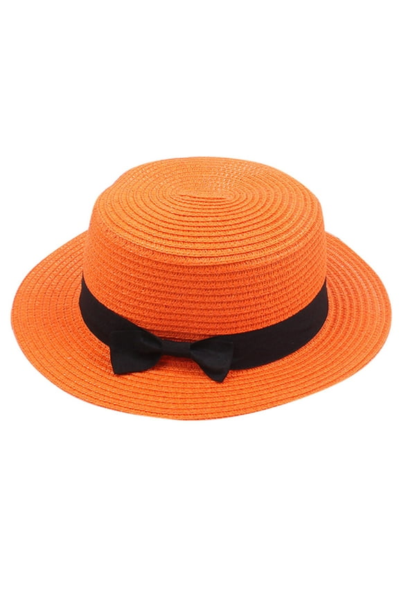 Womens Straw Boater Hat Fedora Panama Style Flat Top Ribbon Bow Flat Floppy Sun Hats Fashionable Summer Wide Brim Cap Beach Straw Hat Travel Packable Orange