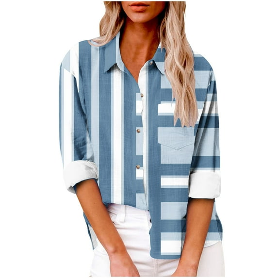 Penkiiy Womens Stripe Print Button Shirts V Neck Loose Cotton Linen Blouse Longt Sleeve Casual Work Tunic Tops With Pocket L Light Blue