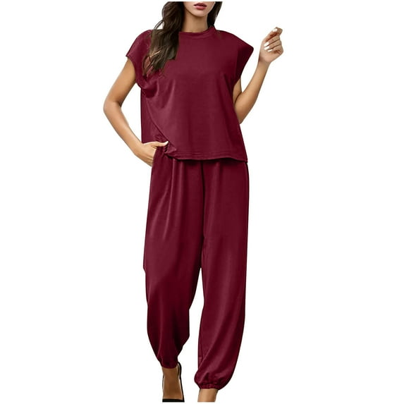 Penkiiy Womens Summer Cotton Linen 2 Piece Outfits Crewneck Half Sleeve Long Pants Jumpsuit Se M Wine