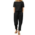 thumbnail image 1 of Penkiiy Womens Summer Cotton Linen 2 Piece Outfits Short Sleeve Crop Tops and Lounge Pants Loose Vacation Sets with Pockets L Black, 1 of 4