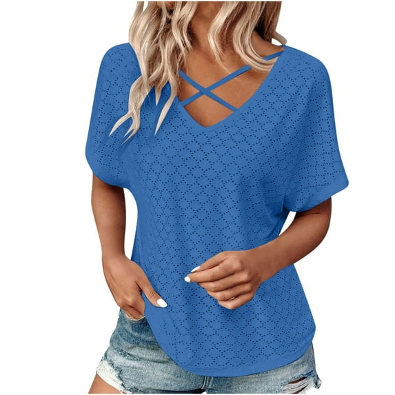 Penkiiy Womens Summer Eyelet Tops Trendy Criss Cross V Neck Solid Color Shirts Casual Short Sleeve Soft Elegant Tees Tunics 2XL Blue