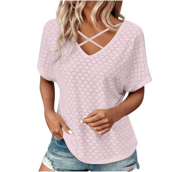 Penkiiy Womens Summer Eyelet Tops Trendy Criss Cross V Neck Solid Color Shirts Casual Short Sleeve Soft Elegant Tees Tunics S Pink
