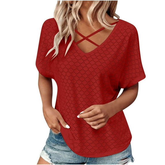 Penkiiy Womens Summer Eyelet Tops Trendy Criss Cross V Neck Solid Color Shirts Casual Short Sleeve Soft Elegant Tees Tunics XL Red