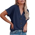thumbnail image 1 of Penkiiy Womens Summer Tops 2024 Waffle Knit Button Down Shirts Casual V Neck Short Sleeve Shacket Jacket Dressy Blouses M Navy, 1 of 8