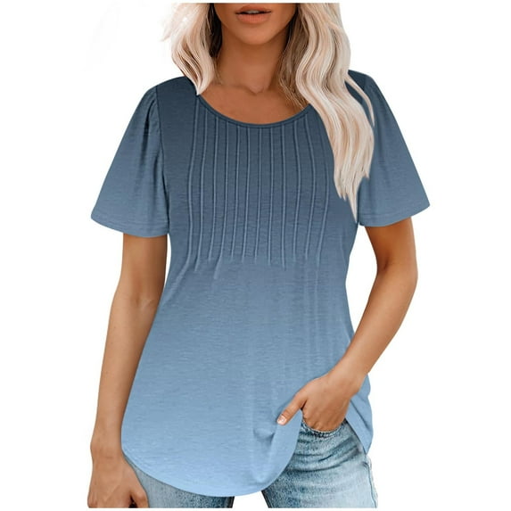Penkiiy Womens Summer Trendy Top Casual Crew Neck Short Sleeve Pleated Shirts Dressy Blouses Fashion Clothes 2024 S Blue