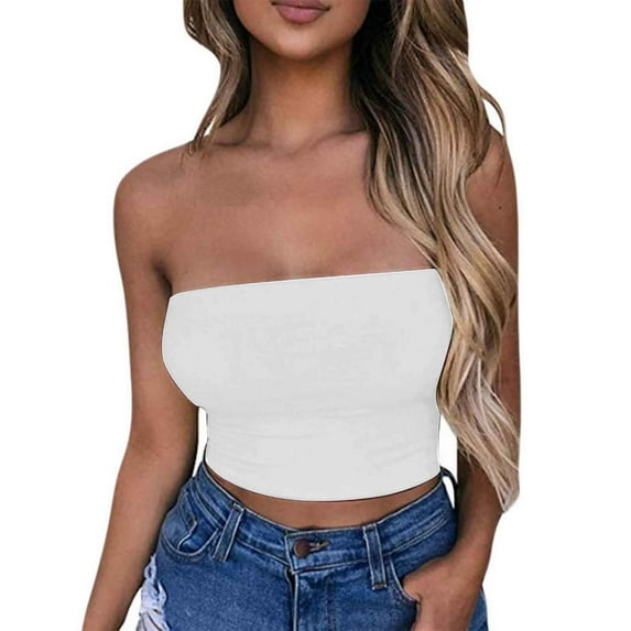 Penkiiy Womens Summer Tube Tops Strapless No Pad Clubwear Y2K Going Out Stretchy Basic Casual Cami Tops White for M