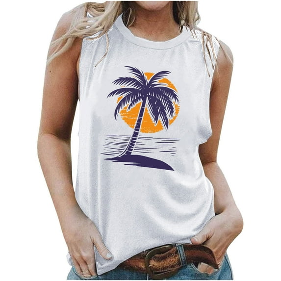 Penkiiy Womens Tank Tops Beach Graphic Tank Tops Summer Casual Loose Tanks Vest Country Music Hawaiian Vacation Tank Cami M White