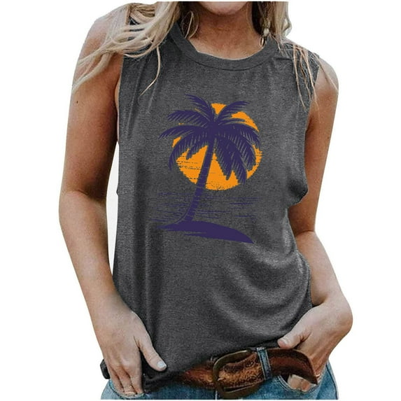 Penkiiy Womens Tank Tops Beach Graphic Tank Tops Summer Casual Loose Tanks Vest Country Music Hawaiian Vacation Tank Cami XL Dark Gray