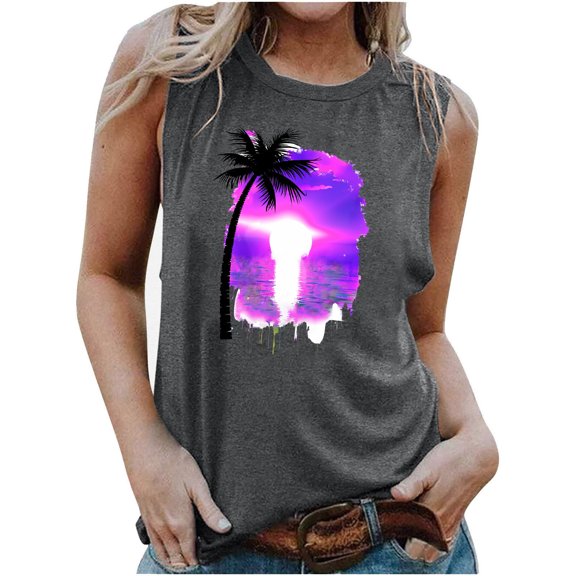 Penkiiy Womens Tank Tops Beach Graphic Tank Tops Summer Casual Loose Tanks Vest Country Music Hawaiian Vacation Tank Cami XL Dark Gray