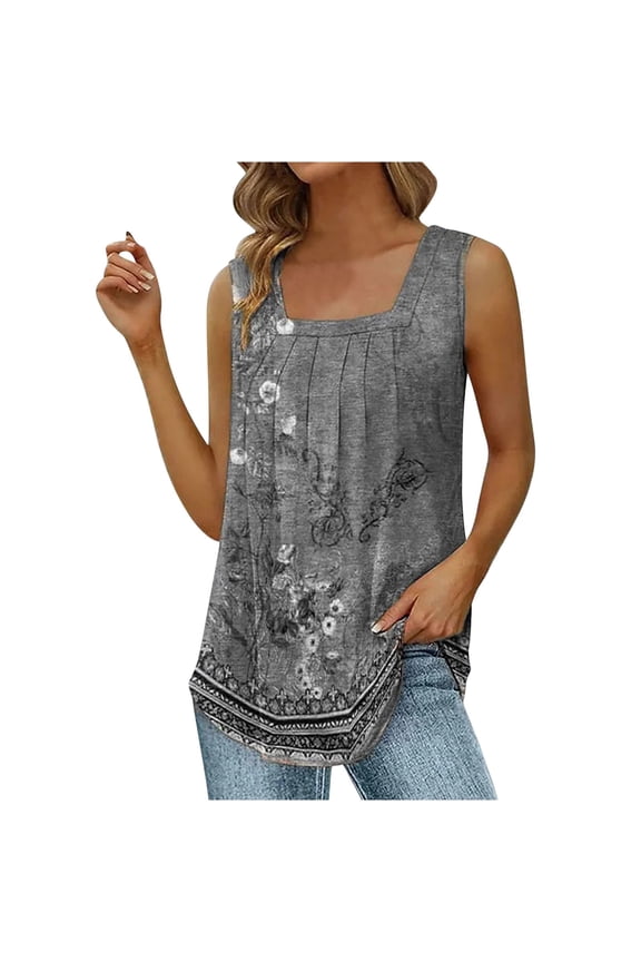 Womens Tank Tops Ruffled Square Neck Printed Shirts 2024 Summer Casual Loose Fit Sleeveless Cute Tank Tee for Women L Gray