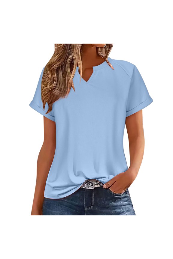 Womens Tops Short Sleeve T Shirts for Women Spring Summer Fashion Clothes Casual V Neck Blouses 2XL Light Blue
