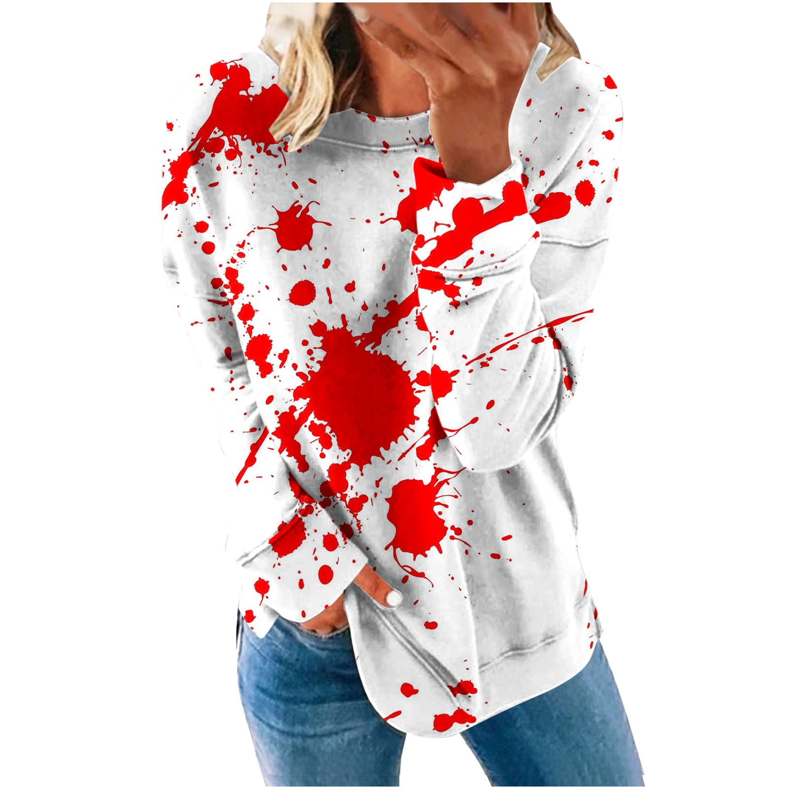 Penkiiy Womens Tops Women's Fashion Printed Loose T-shirt Long Sleeves  Blouse Round Neck Casual Tops Sweatshirt Hoodies White Y2K Clothes