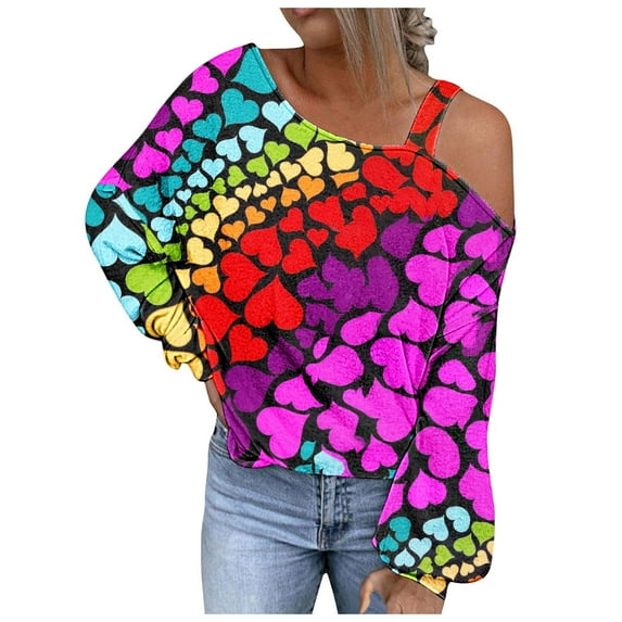 Penkiiy Womens Valentine Day Sweatshirt Off-shoulder Shirt Hearts Graphic Long Sleeve Pullover Tops XS Multicolor
