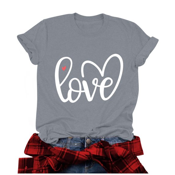 Penkiiy Womens Valentines Day Shirts Print Graphic Tees Cute Love Heart Shirts Casual Short Sleeve XL Gray