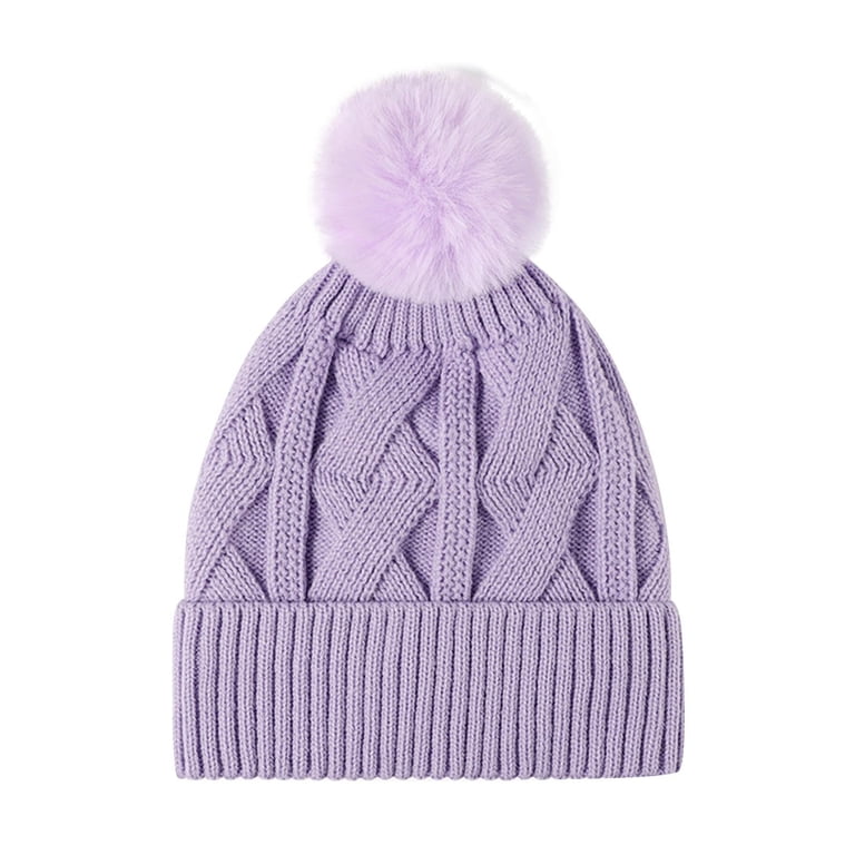 Women’s Light Purple Winter Ribbed Beanie Hat Chunky Cable Knit Pompom Warm Women main image 2