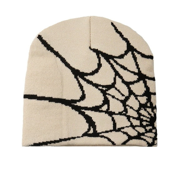 Penkiiy Y2K Gothic Spider Pattern Knit Hat Women Slouchy Knitted Beanie Men Winter Warm Skull Cap Beige