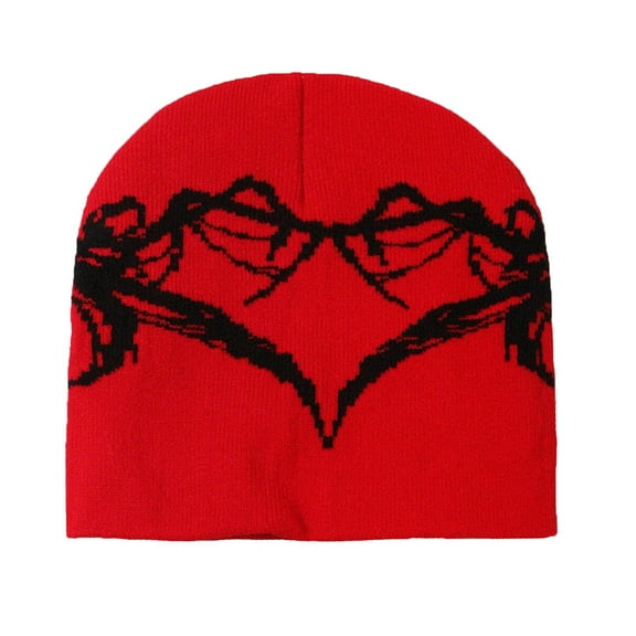 Penkiiy Y2K Gothic Spider Pattern Knit Hat Women Slouchy Knitted Beanie Men Winter Warm Skull Cap Red