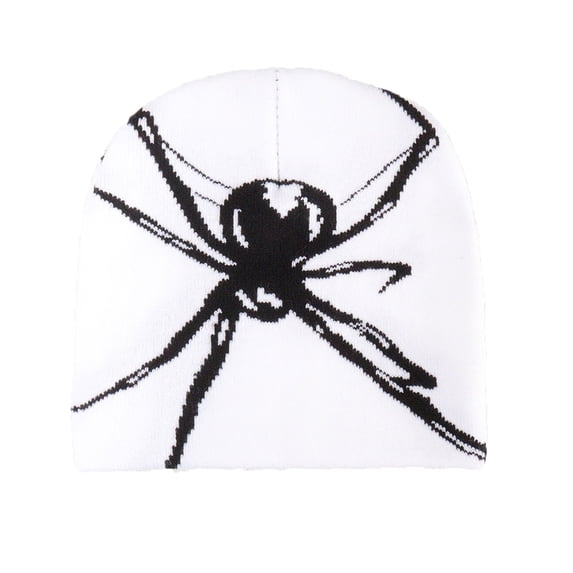 Penkiiy Y2K Gothic Spider Pattern Knit Hat Women Slouchy Knitted Beanie Men Winter Warm Skull Cap White