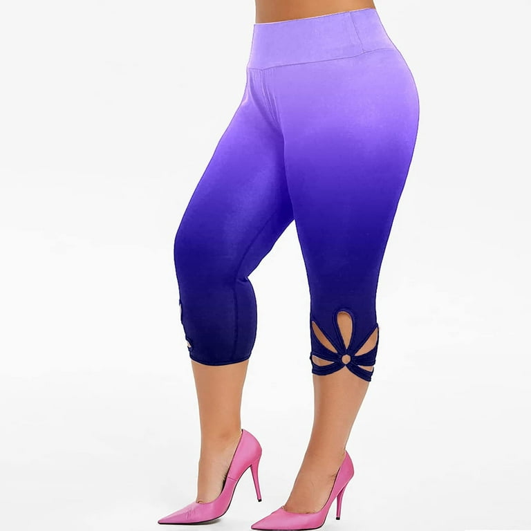 Penkiiy Yoga Pants Fashion Women Plus Size Solid Hollow Elastic Waist  Casual Leggings Pants Purple Yoga Leggings for Women