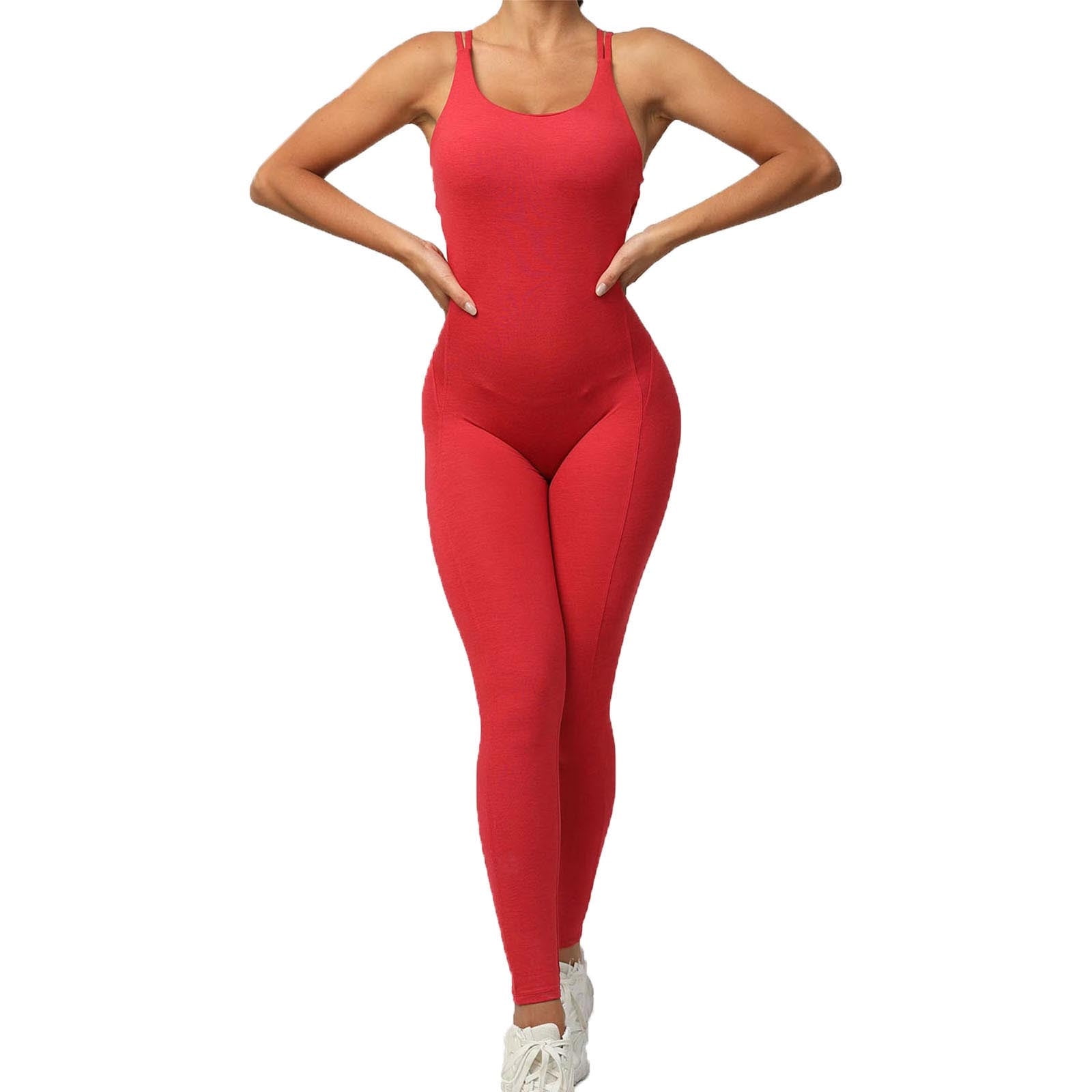 Penkiiy Yoga Pants Women's One-piece Sport Yoga Jumpsuit Running Fitness  Workout Tight Pants Red Yoga Leggings for Women 