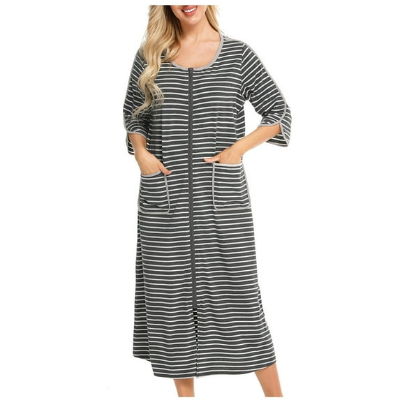 Penkiiy Zipper Front Robes Women's Winter Warm Nightgown And Winter Nightdress Zip With Pokets Loose Pajamas Dark Gray Nightgowns