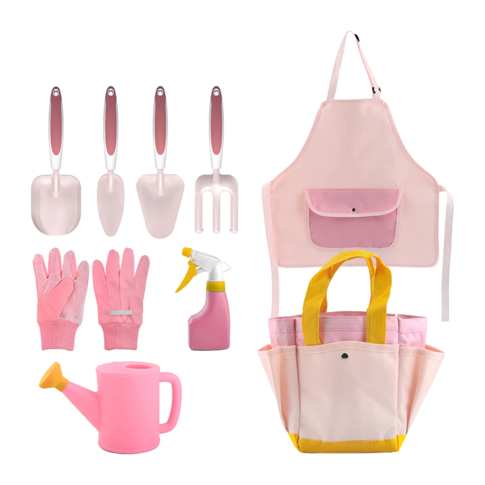 Penmahua 9 Piece Pink Kids Gardening Tool Set Complete Kit For Outdoor Play And Learning Includes Tools Apron Gloves And Bag For Ages 3-8 Abs And Metal Construction