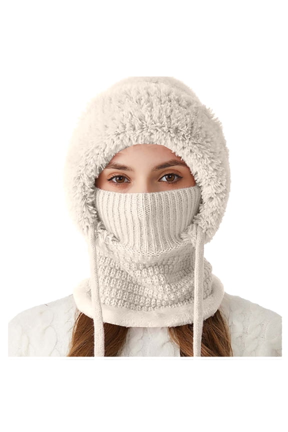 Beige Fleece-Lined Balaclava Winter Hat For Women Windproof Face Cover Hood Scarf Acrylic Free Size 9.06 X 7.87 Inches Hand Wash Cold