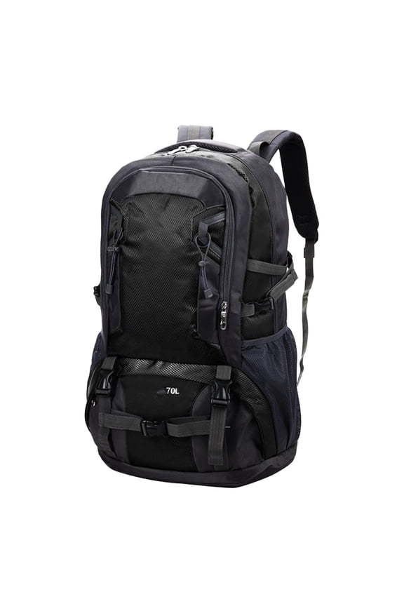Black Hiking Backpack 70L Capacity With Rain Cover For Outdoor Sport And Travel In Nylon And Polyester Material With Multiple Compartments