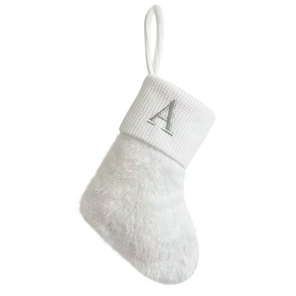 Penmahua Letter A White Shiny Silk Christmas Stocking 9 Inch With Embroidered Design For Fireplace Decoration Polyester Socks Pendant For Xmas Party And Holiday Gift A