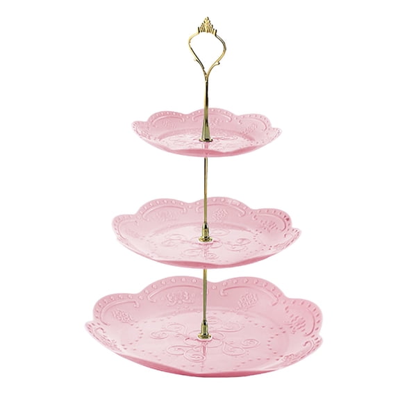Penmahua Pink 3 Layer Round Cupcake Stand With Gold Poles For Birthday Party Wedding Or Dessert Display 10.2X10.2X15.8 Inches Pink