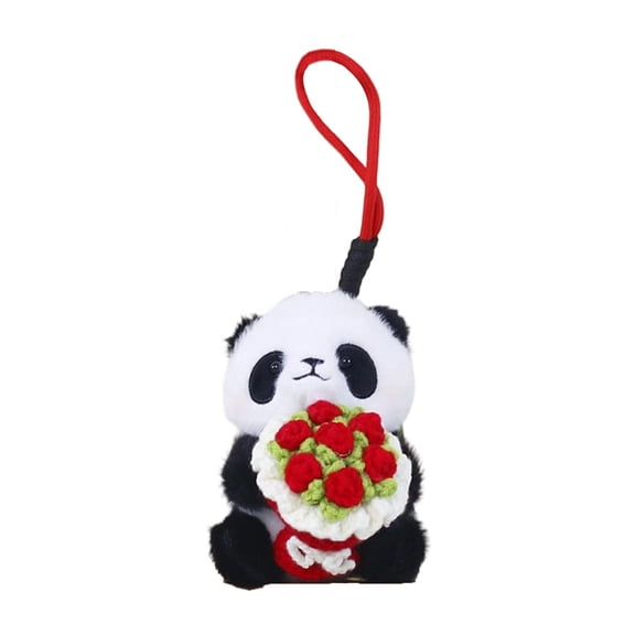 Penmahua Red Panda Plush Toy Holding Roses Pendant Doll With Hand Crocheted Bouquet And Hanging Rope Short Plush Material Red
