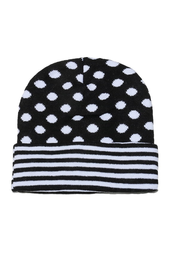 Striped Polka Dot Knit Ear Warmer Hat For Women In Winter 100% Polyester Free Size In Black Height 9.06 Inches