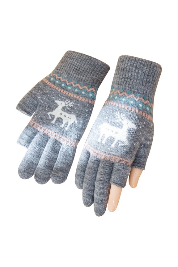 Women Snowflake Pattern Touchscreen Fleece Lined Thick Warm Knitted Wrist Gloves Mittens For Cold Weather Gray Polyester One Size