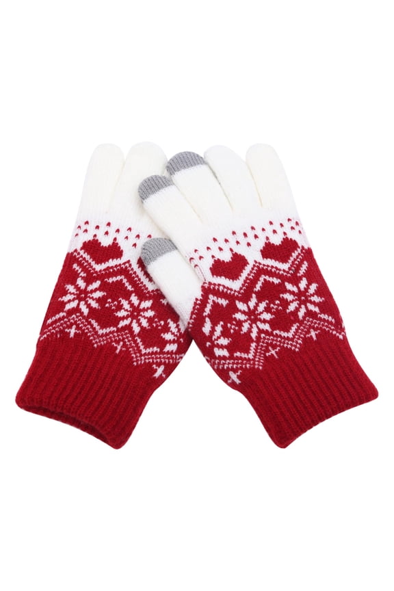 Women Snowflake Pattern Touchscreen Fleece Lined Thick Warm Knitted Wrist Gloves Mittens For Cold Weather Red Polyester Free Size
