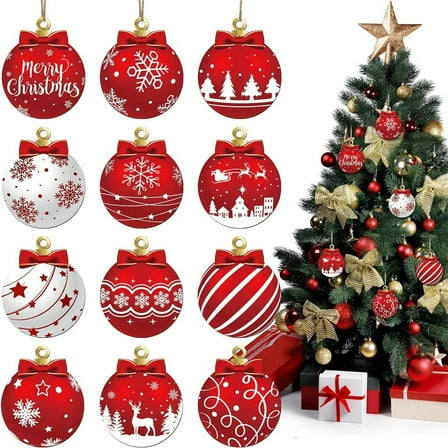 Penmahua Wooden Christmas Hanging Ornaments 12Pc Natural Wood Decor With Classic Holiday Designs For Tree Wall Decoration Christmas Wood Ornaments