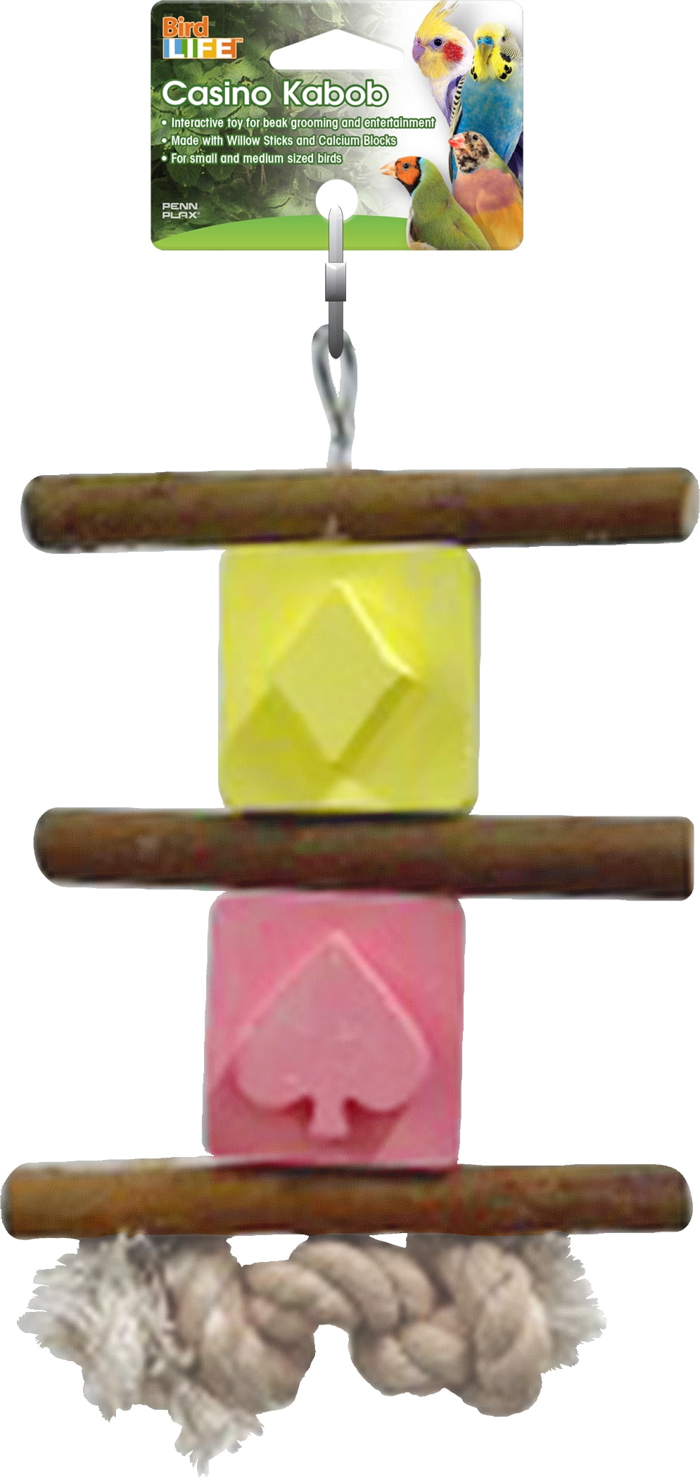 Penn-Plax Casino Kabob Toy for Medium Birds - Wood Perches, Pink & Yellow Calcium Blocks, & Rope Toy