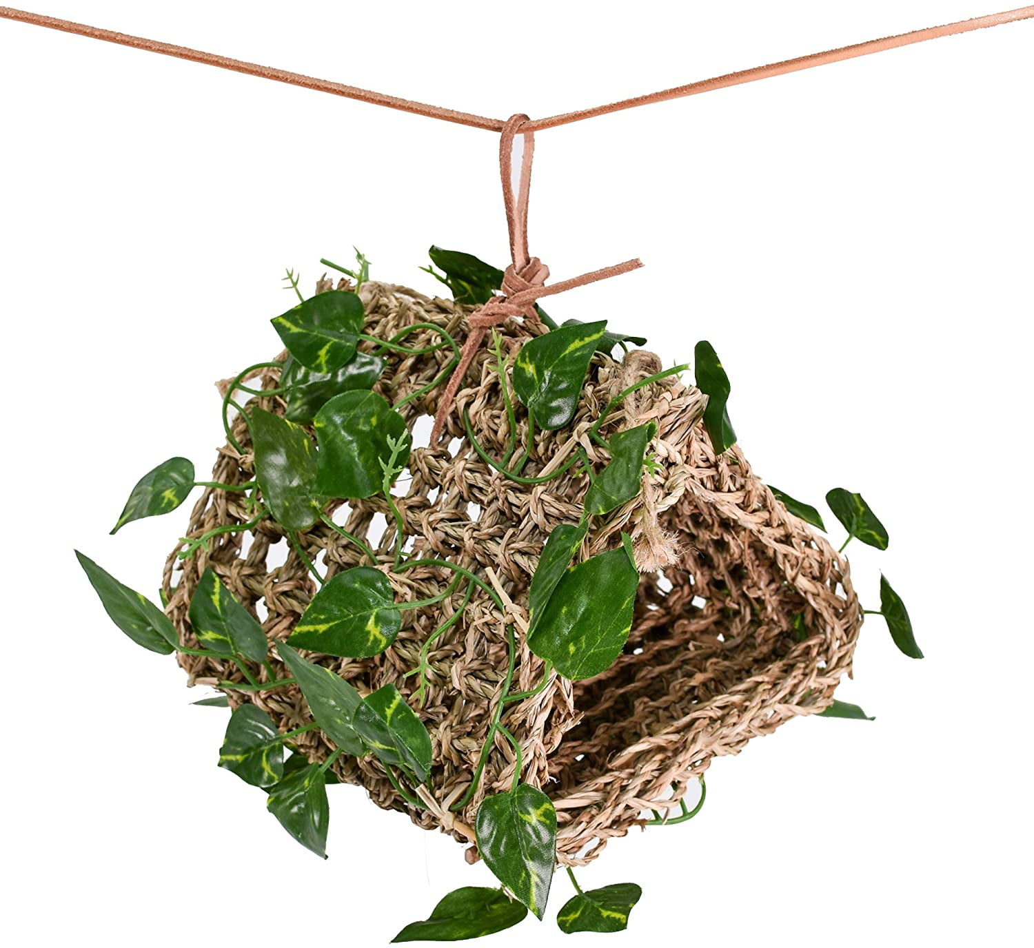 Penn-Plax Reptology Lizard Lounger Hanging Hideout with Vines, 100% Real Coconut and Natural Seagrass