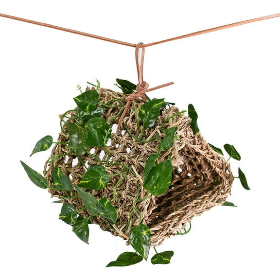 Penn-Plax Reptology Lizard Lounger Hanging Hideout with Vines, 100% Real Coconut and Natural Seagrass