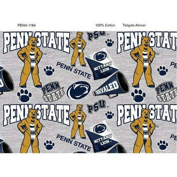 Penn State Cotton Fabric on Heather Grey ground with Mascots