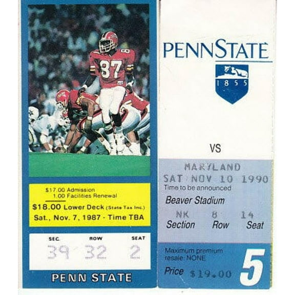 Penn State Nittany Lions vs. Maryland Terrapins 1987 and 1990 football ticket stubs (Joe Paterno)