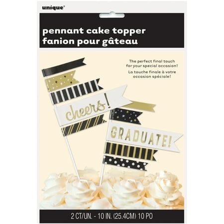 Pennant Flag You Did It! Graduation Cake Toppers, Black & Gold, 2pc