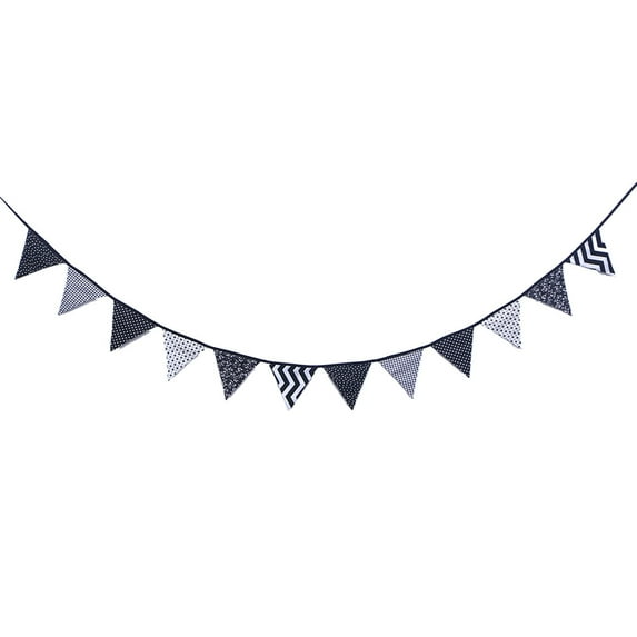 Pennant Flags Banner Black & White Cotton Fabric Bunting Garland 12 Triangle Flags Decoration for Wedding Birthday Prom Anniversary