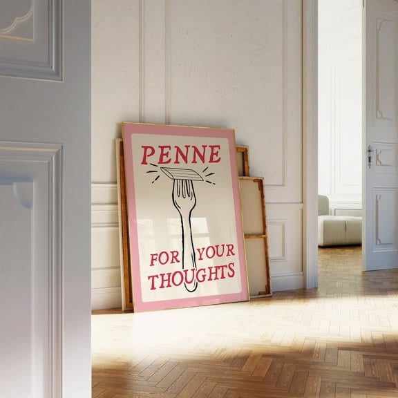 Penne For Your Thoughts Pasta Lover Kitchen Retro Bold Font Pink Preppy Print, Unframed Canvas 24x36in