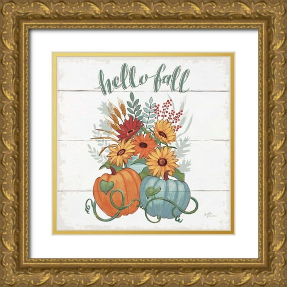 Penner, Janelle 12x12 Gold Ornate Wood Framed with Double Matting Museum Art Print Titled - Fall Fun II - Gray and Blue Pumpkin