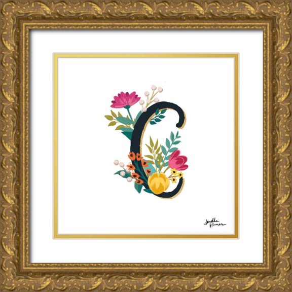 Penner, Janelle 12x12 Gold Ornate Wood Framed with Double Matting Museum Art Print Titled - Romantic Luxe Monogram C Black