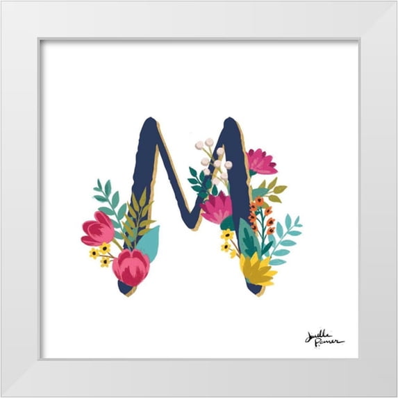 Penner, Janelle 20x20 White Modern Wood Framed Museum Art Print Titled - Romantic Luxe Monogram M Navy