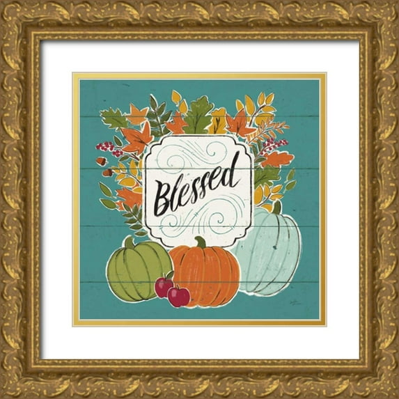 Penner, Janelle 26x26 Gold Ornate Wood Framed with Double Matting Museum Art Print Titled - Thankful III Turquoise Leaves