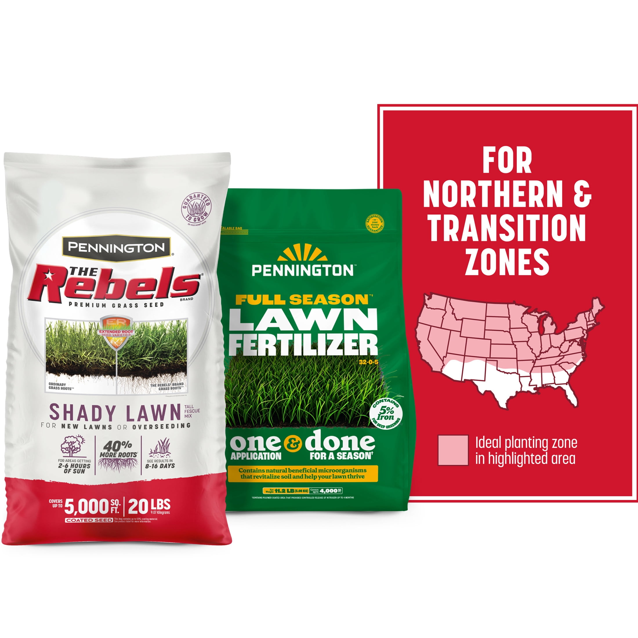 Pennington 20lb Rebels Shady Lawn & 11.2lb Full Season Lawn Fertilizer Bundle 20 Pounds